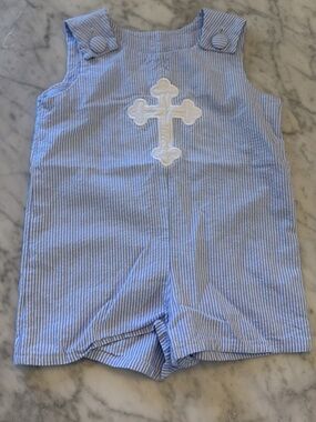 Blue Striped Kids One-Piece Romper with White Cross Applique